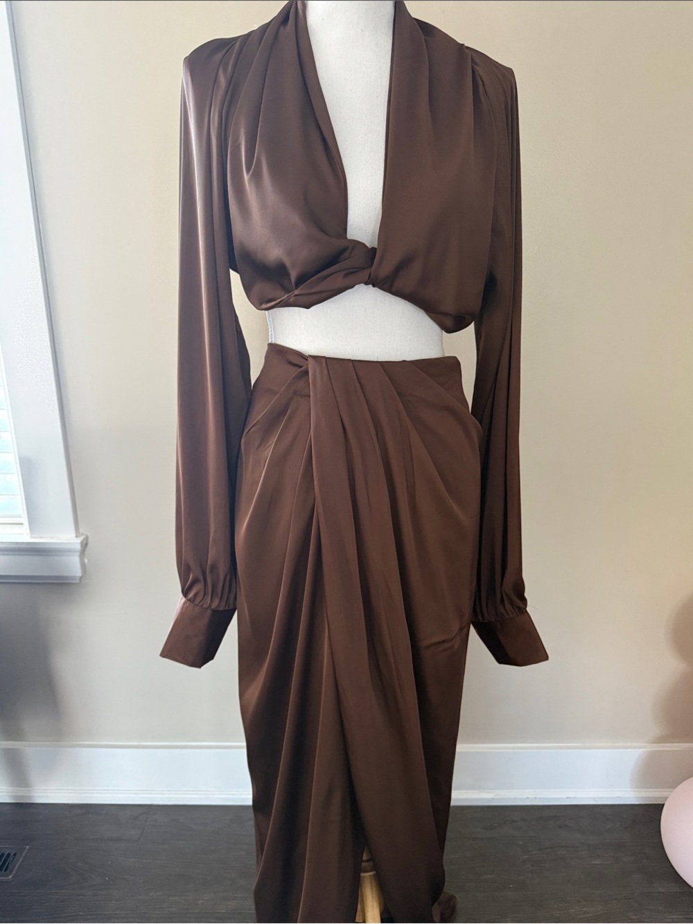 Fashion Nova Brown Satin Drape Maxi Skirt